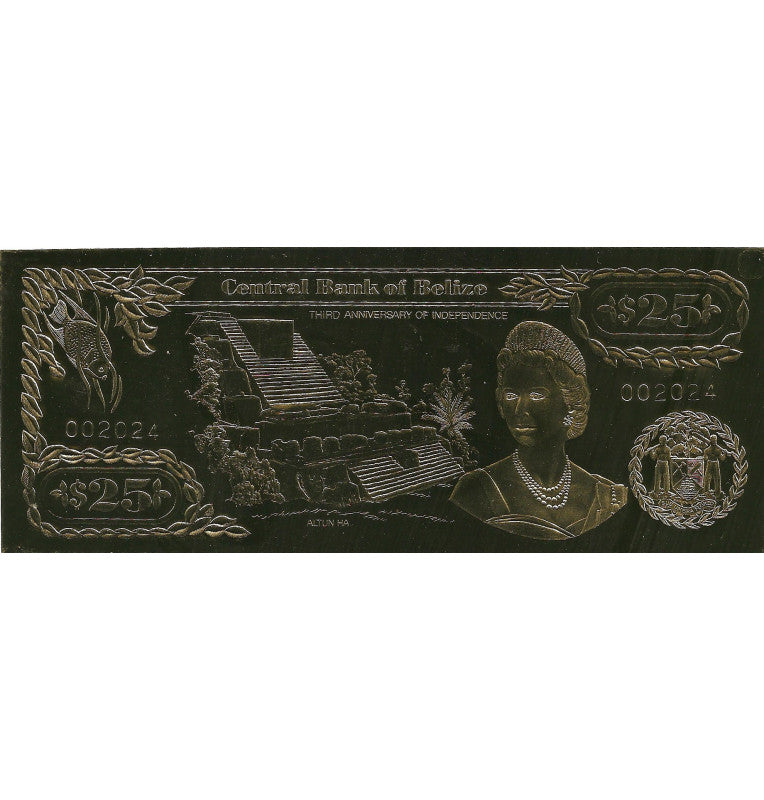 Belice 25 Dólares 1984 (Laminados en oro) Serial 4 dígitos